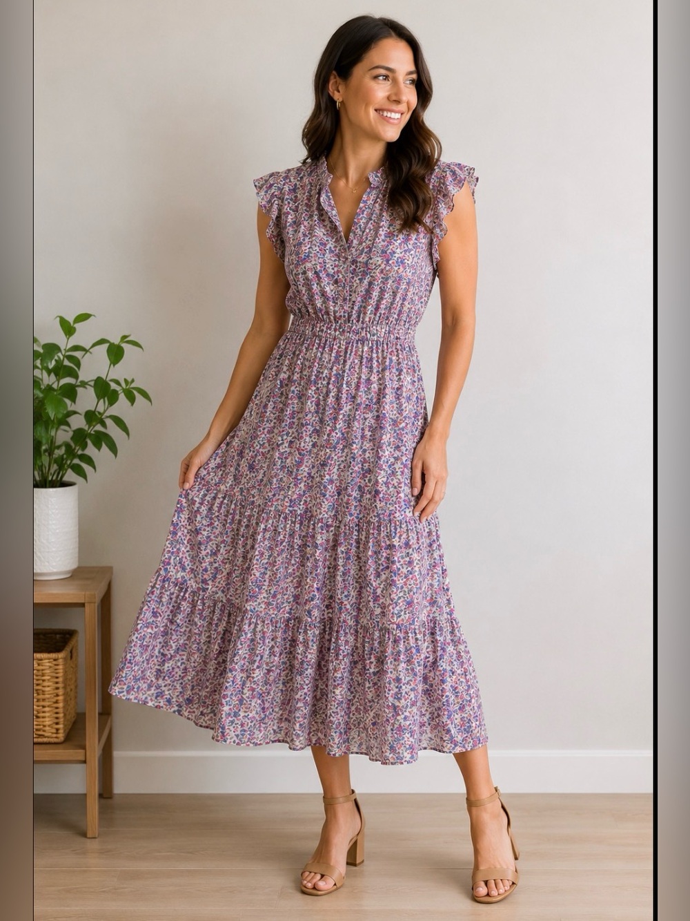BB Dakota Pink Multicolor Floral Tiered Maxi Dress
